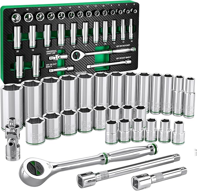 SK 3/8" Drive Socket Set with 160-P Ratchet, 31-Piece, Metric, SuperKrome Finish, Premium CR-V Construction, with EVA Foam Tool Organizer