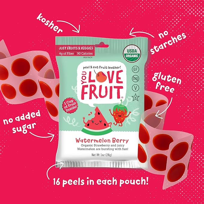 YOU LOVE FRUIT - WATERMELON BERRY All Natural Fruit Snacks, Healthy Snack Pack, Real Fruit! Gluten Free, Non GMO, Vegan, Fiber packed, Low Fat, Kosher, Variety Pack, Great For Adding To Gift Box, 1.0 oz (Pack of 12)