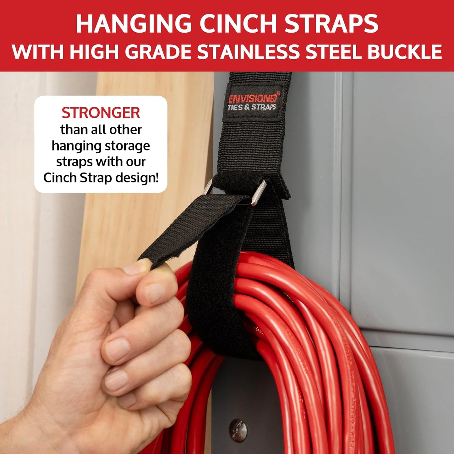 Heavy Duty Hanging Storage Cinch Straps with Metal Buckle (4 Pack, 1" x 8") - Electrical Extension Cord and Garden Hose Holder, Cable Management, Storage Organizer in Garage, RV, Workshop - ENVISIONED