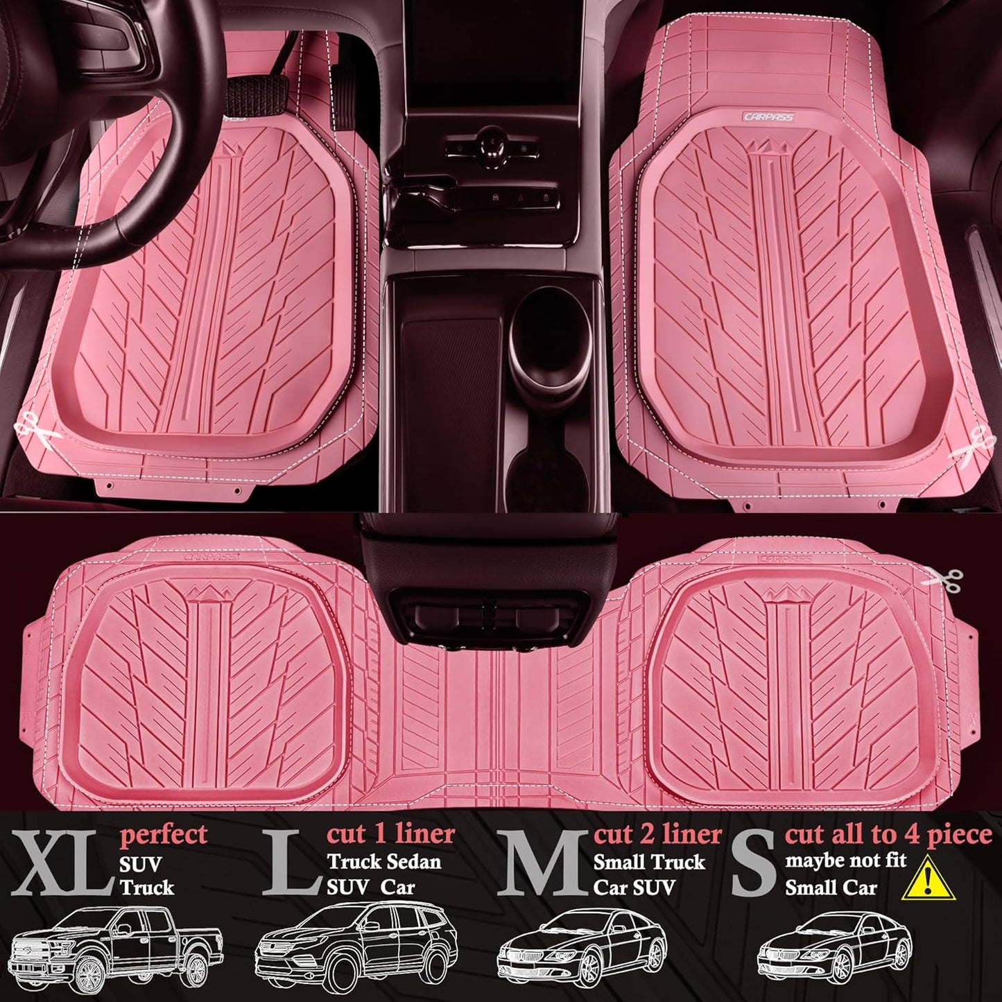 CAR PASS DeepDish Pink Floor Mats for Cars Full Set,Heavy Duty Rubber Car Mats 3-Piece,Universal Waterproof Trim-to Fit Automotive Floor Mats for Truck Van SUV, Durable All-Weather Car Mats (Pink)