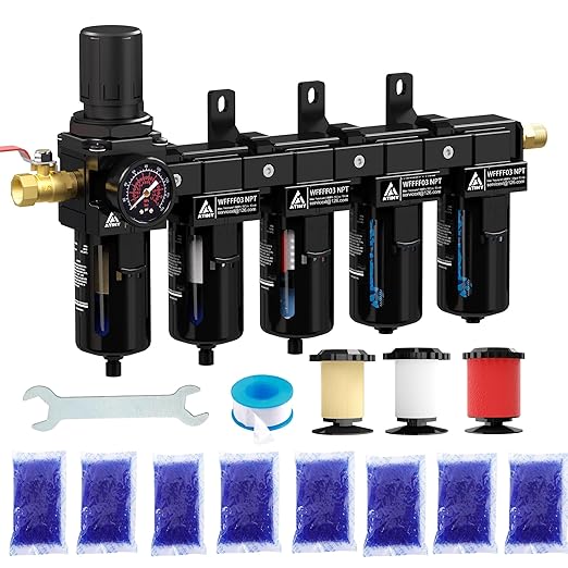 3/8'' NPT 5 Stage Air Dryer for Compressor, 5 &0.5 &0.01 Micron Filter Cartridge Air Drying System,Double Desiccant Dryers & Air Regulator,Metal Bowl, Semi-Auto Drain,Industrial Grade-Black