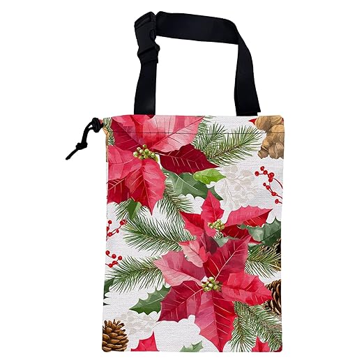 Car Garbage Bag Red Poinsettia Xmas Green Leaves Drawstring Car Trash Bag Hanging for Back Seat with Adjustable Buckle Canvas Vehicle Trash Can Easy-to-Install
