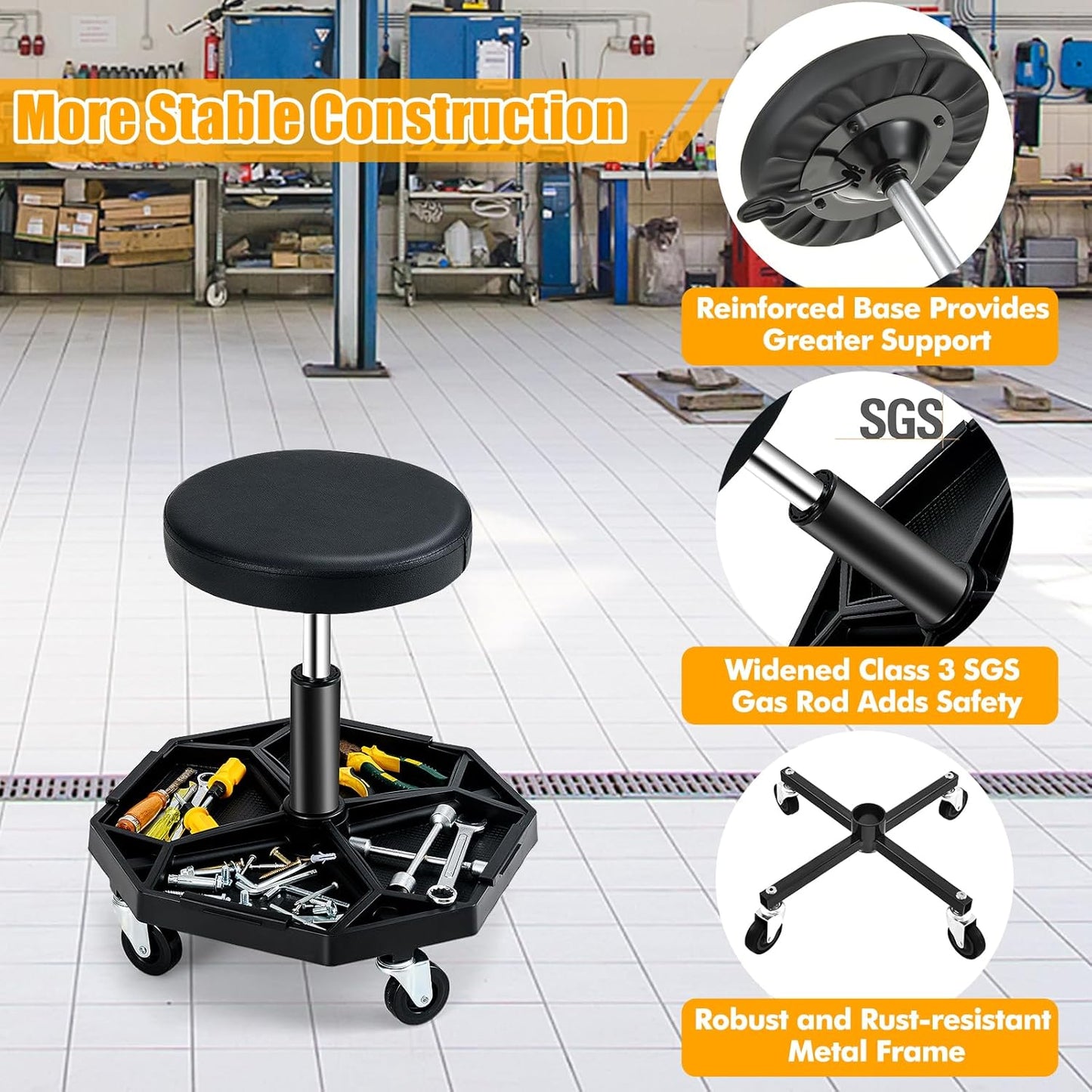 Adjustable Mechanic Rolling Stool, Pneumatic Rolling Stool with Wheels, Tool Storage Tray & Padded Seat Cushion, Garage Stool Chairs Creeper Seat (Black)