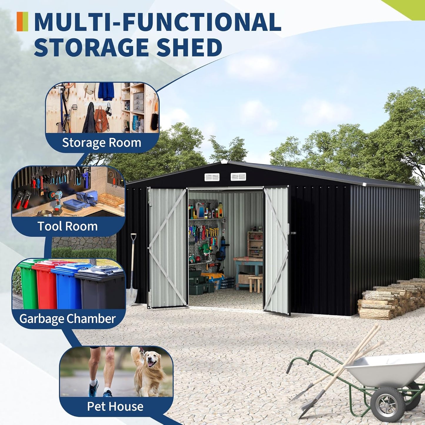 8x10x6.4 FT Outdoor Storage Sheds with Floor, Metal Garden Tool Shed for Backyard, Large Metal Sheds Outdoor Storage With Lockable Doors & Air Vents for Backyard Garden Patio Lawn