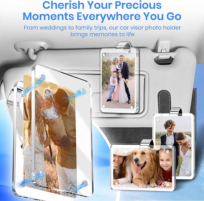 4Pcs Car Photo Holder, Acrylic Magnetic Personalized Car Picture Holder, Car Visor Clip, Universal Photo Frame for Car, Customizable Car Visor Photo Clip for Family & Personal Photos