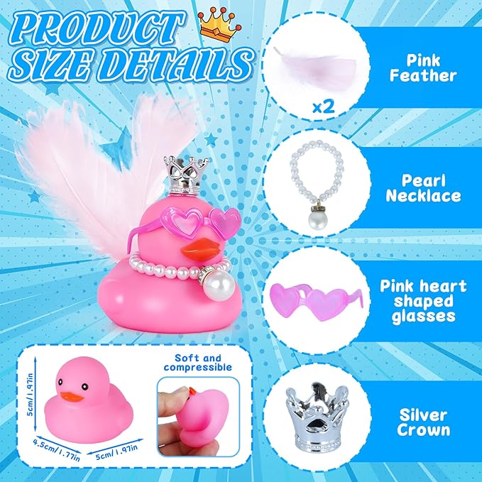 BOZILY Pink Rubber Duck with Crown, Wings, Pearl Necklace & Heart Sunglasses,DIY Cute Car Dashboard Decor Accessories, Gift for Car, Home, Desk (Includes Tapes)