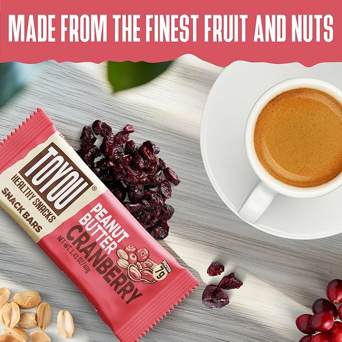 ToYou Chewy Fruit and Nut Bars - Healthy Protein Snacks | Peanut Butter Cranberry - 1.41 Ounce (Pack of 12) | Soft Chewy, Vegan, Fiber-packed Granola Bars for Adults and Kids, Made with Natural Ingredients