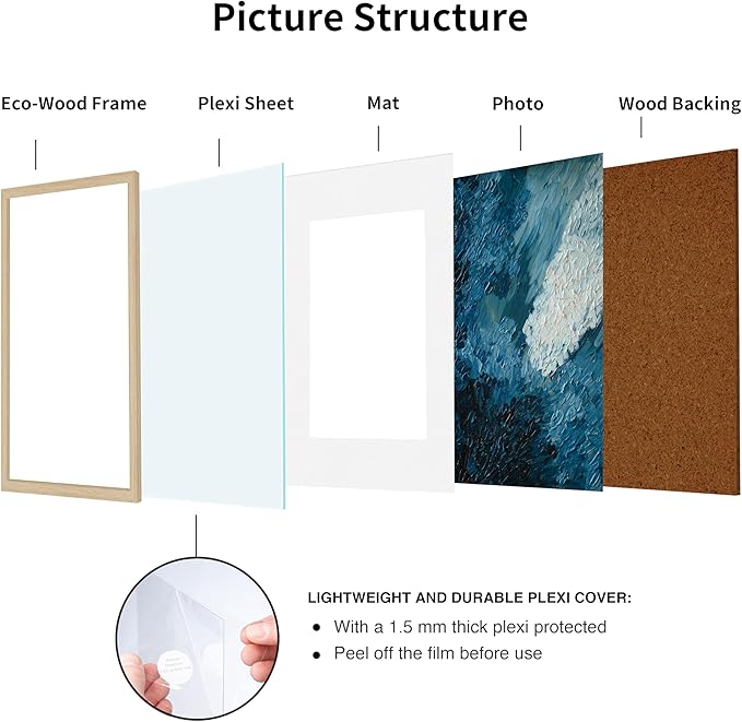 8x10 Picture Frame, 8x10 Frame Matted to 5x7, Wood Veneer Finish 8 x 10 Photo Frame with Mat Plexiglass & Stand for Tabletop & Wall Display, Natural, 1 Pack