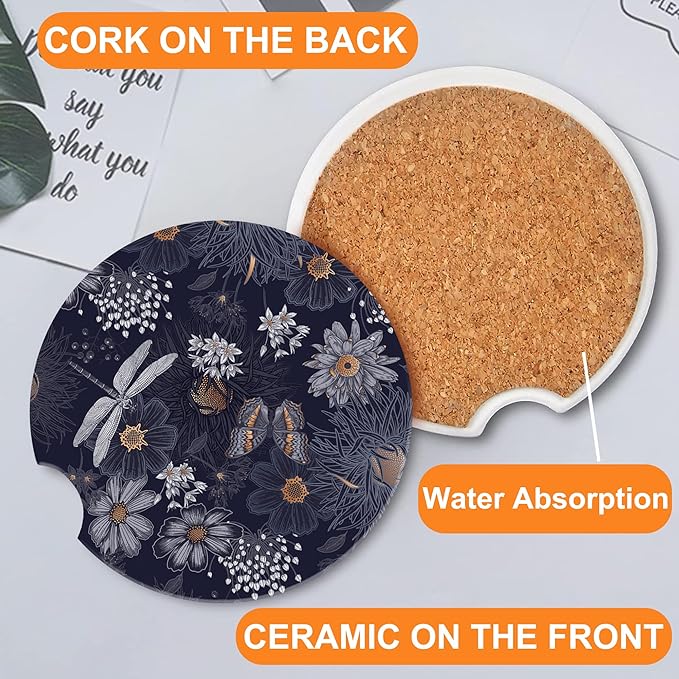 Vintage Wildflowers Insects Car Cup Holder Coaster,Car Coasters for Cup Holder,2 Pack Flowers Butterfly Dragonfly Anti-Slip Absorbent Ceramic Car Cup Coasters for Women Men with Cork Base 2.56"