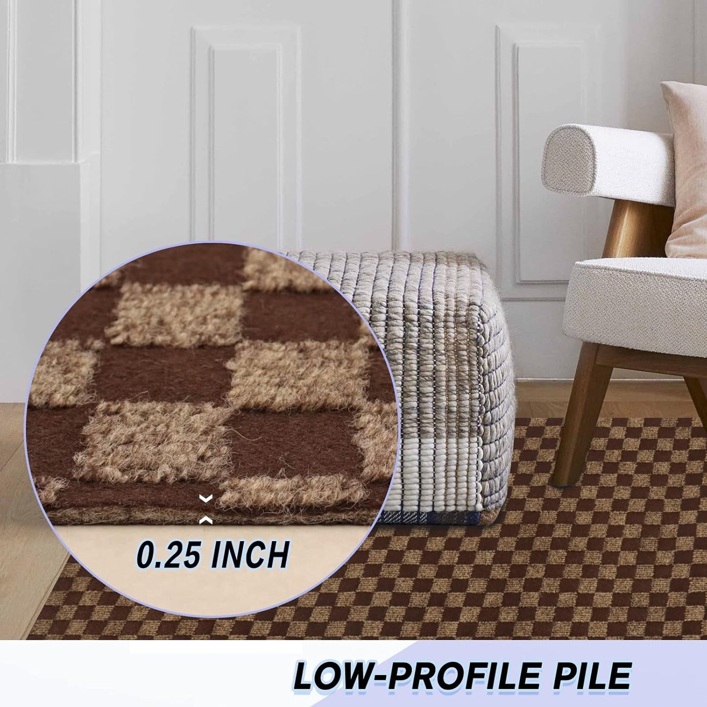 Custom Size Backed Non-Slip Area Rugs Runner, Easy Clean, Waterproof Runner Rugs for Hallway Entryway, Kitchen, Laundry, 2FT x 74FT, Brown Checkered