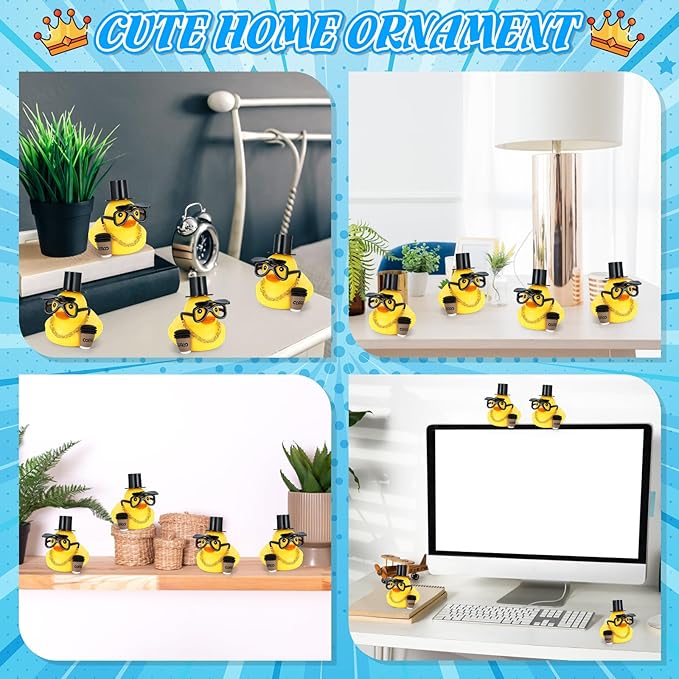 BOZILY Funny Rubber Duck with Mini hat, Gold Necklace, Folding Glasses, Coffee Cup - Rubber Duck Car Ornaments & Home Decor - Multi-Use Dashboard Duck Gift for Adults, Car Lovers