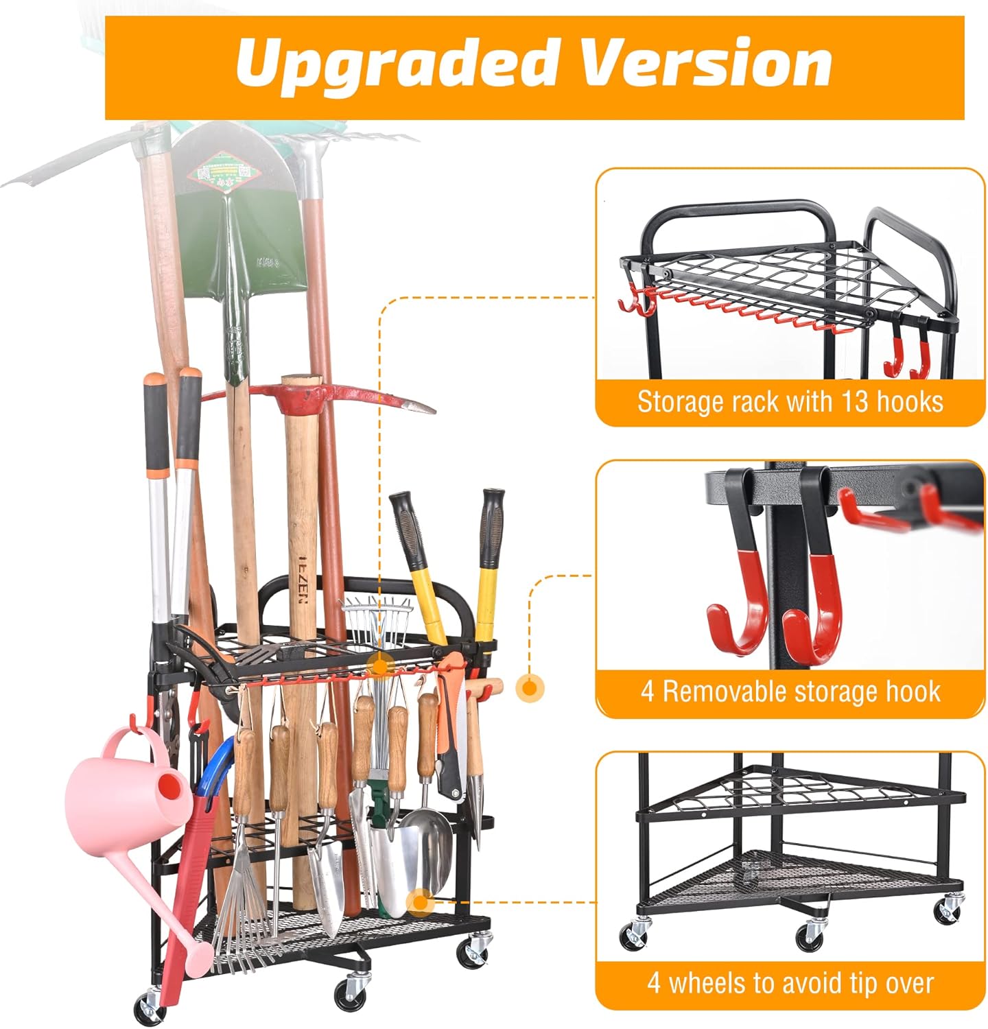 PLKOW Garden Tool Organizer with Wheels and Storage Hooks, Rolling Corner Tool Storage Rack for Garden, Shed, Garage, Powder Coated Steel, Black
