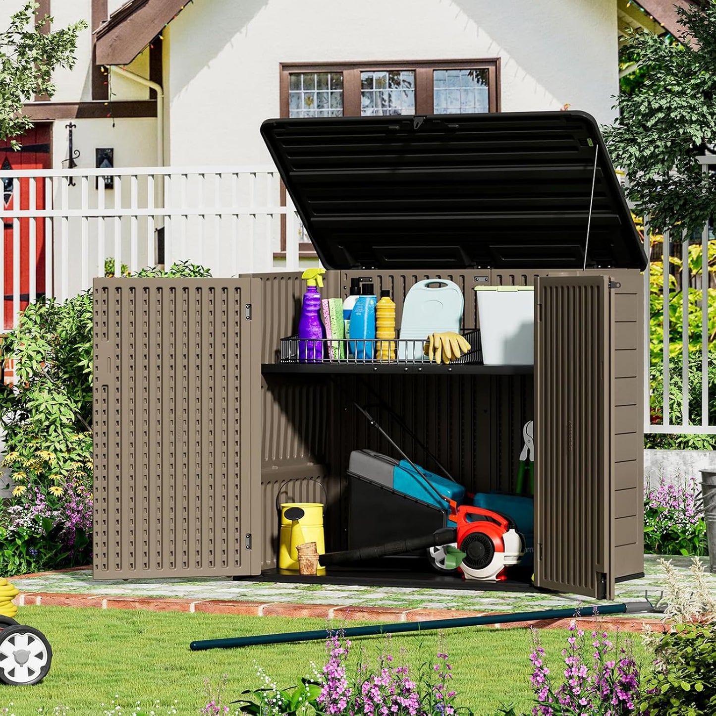 ZZM Large Outdoor Storage Shed, 48 Cu Ft Resin Versatile Storage Cabinet for Patio Accessories, Trash Cans & Garden Tools, Durable Horizontal Storage Box with Lockable Lid (Coffee)
