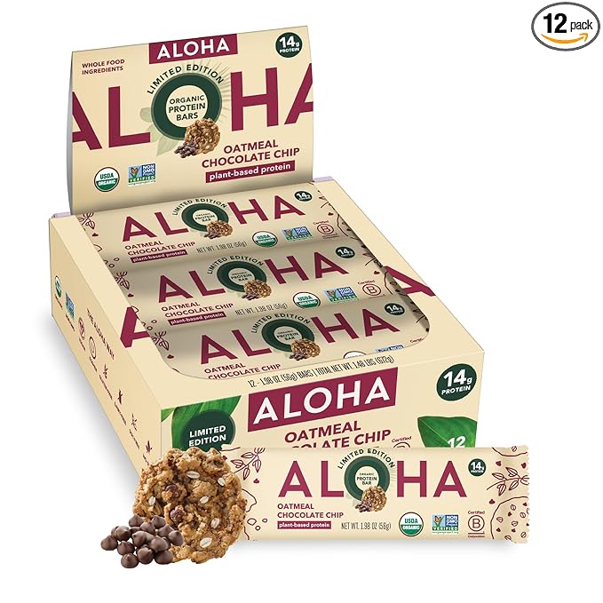ALOHA Organic Plant Based Protein Bars - Oatmeal Chocolate Chip - 12 Count, 1.9oz Bars - Vegan Snacks, Low Sugar, Gluten-Free, Low Carb, Paleo, Non-GMO, Stevia-Free, No Sugar Alcohols