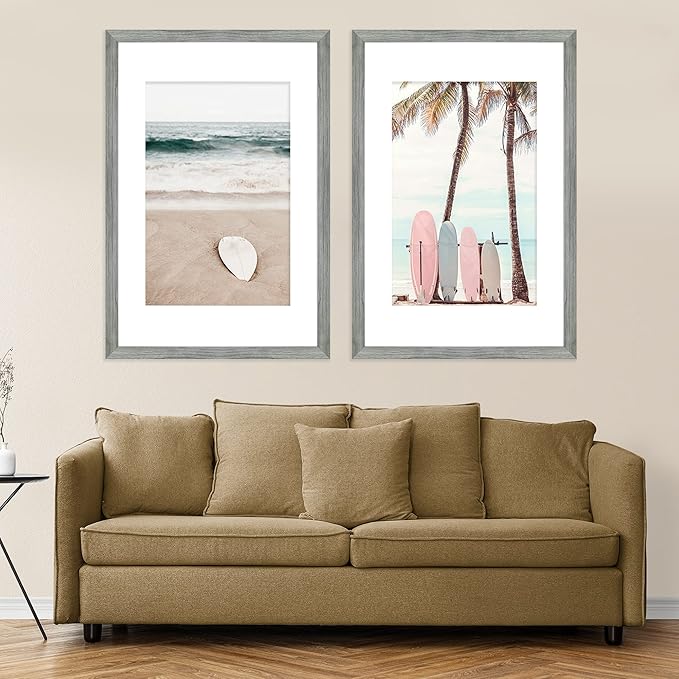 20x28 Picture Frame Set of 2, Rustic Grey Wood Style - Display 16x24 Picture with Mat or 20 x 28 Poster without Mat, Wall Mounting Horizontal and Vertical
