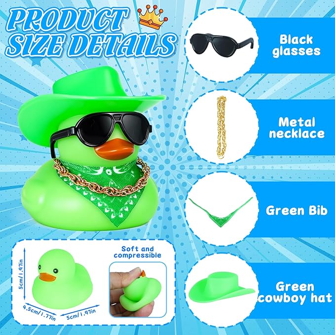 BOZILY Green Cowboy Hat Rubber Duck Car Dashboard Decoration - Squeaky Silicone Duck with Glasses, Gold Chain & Scarf for Stress Relief Fun Driving Ornament
