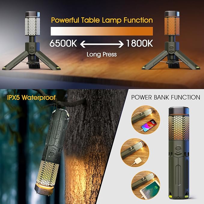 Camping-Lights-Rechargeable,Outdoor Telescopic-Collapsible-Lanterns with 2 Light Sources Mobile Lighting 10500mAh Battery Flash Light & Road Lamp for Adventure/Hiking/Camping(Military Green)
