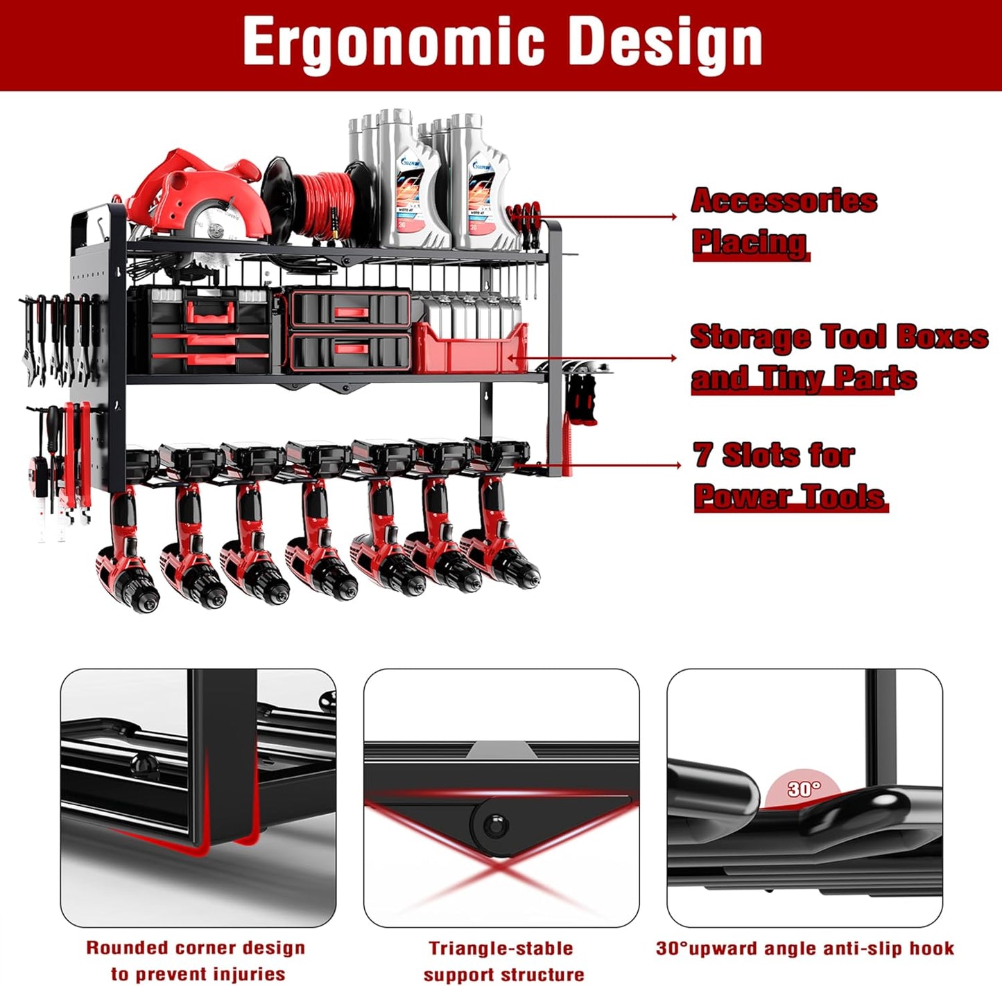 Power Tool Organizer Wall Mount - Pegboard with 7 Drill Holder - Heavy Duty Metal Tool Shelf for Garage Organization