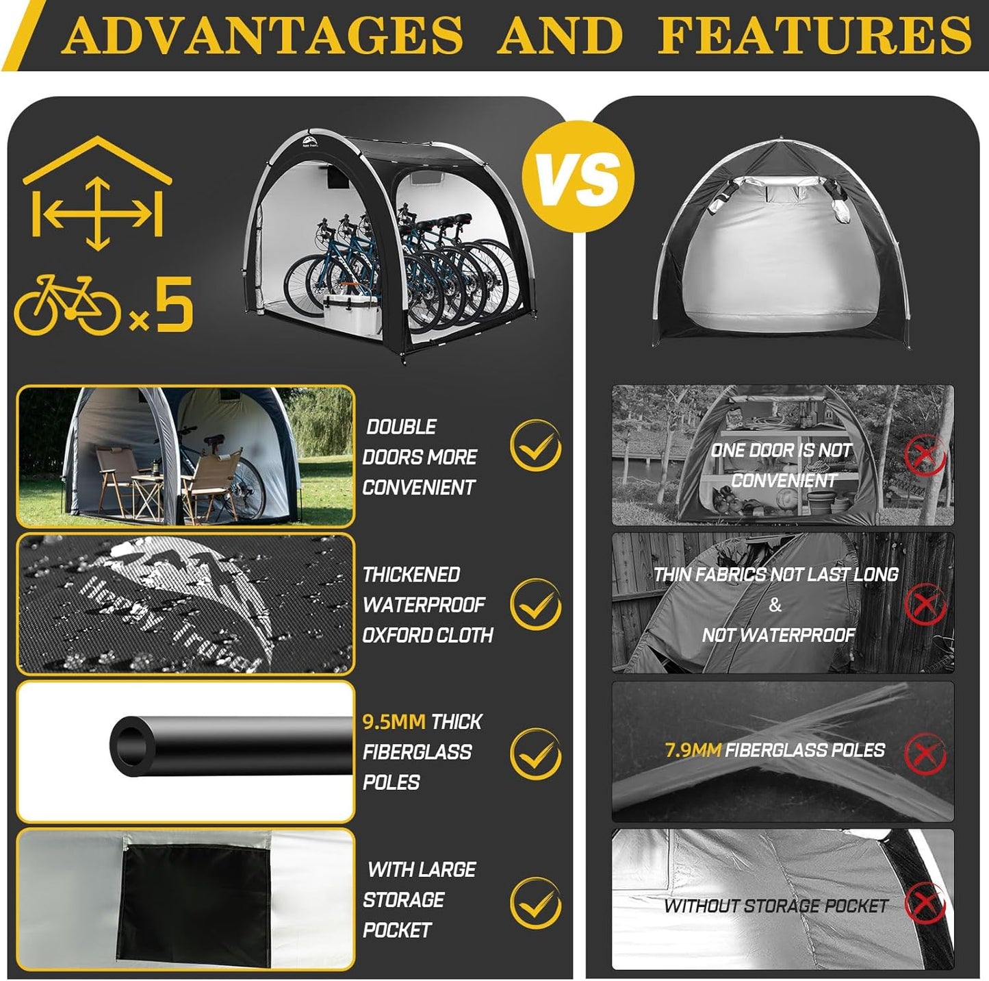 Happy Travel Bike Storage Shed Tent,Outdoor Portable Bicycle Storage Sheds with 210D Oxford Fabric PU4000 Waterproof for 2/3/4/6/8 Bikes,Bike Covers Shelter for Motorcycle,Garden Tools,Toys,Lawn Mower