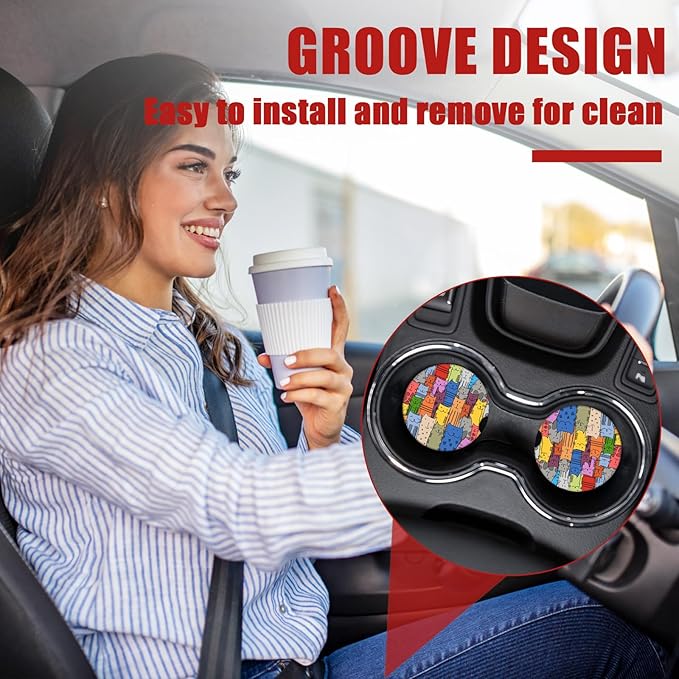 Colorful Cat Car Coasters for Cup Holders, Cat Lover Absorbent Ceramic Car Coaster Car Cup Holder Coaster Car Accessories for Women Men (2 Pack)