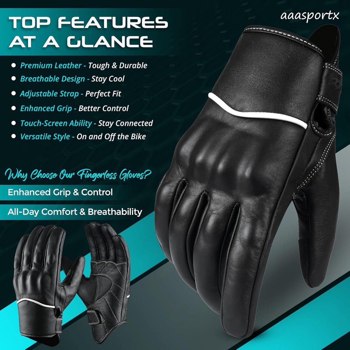 aasportx Motorcycle Gloves - Men's Leather Motorbike Gloves with Touchscreen Function - Non-Slip Pads for Men & Women