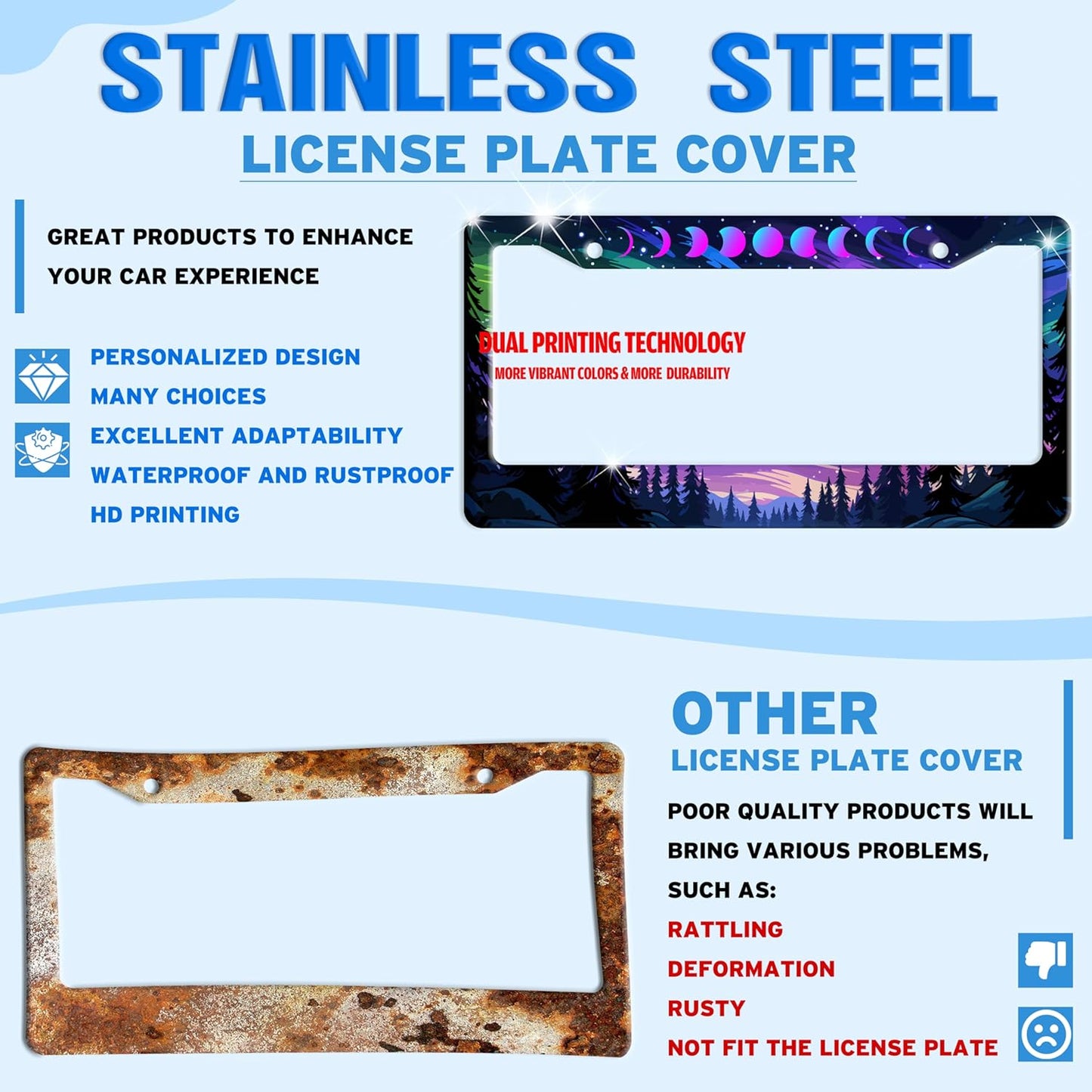 Moon Phases Aurora Forest License Plate Frame Night Sky Stainless Steel License Plate Holder for Front or Rear Car Tags Funny for Car Decoration Accessories with Screws 6.3 X 12.2 in for Women Men