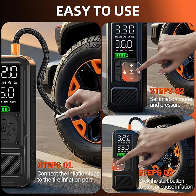 Y34 Tire Inflator Portable Air Compressor,4X Faster Inflation,6000mAh Cordless/12V DC 150PSI Air Pump for Car Tires with Digital Pressure Gauge/LED Light for Car,Motorcycle,Bike,Ball