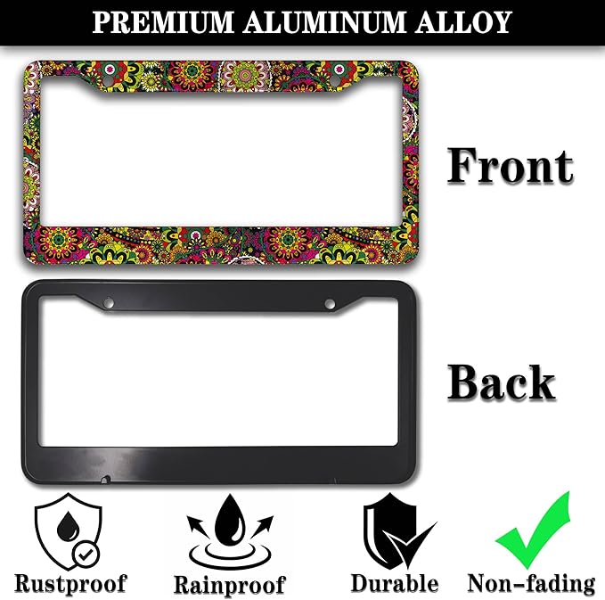 License Plate Frames Multicolor License Plate Frame Hippie Boho Floral Bright Color Folk Daisy Flower Universal Aluminum Car Accessory 2 Pack with Screw Covers Set