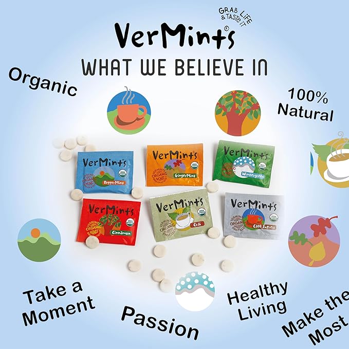 VerMints Organic Breath Mints – Travel Size Peppermints, Ginger Mints, Wintergreen, Cinnamon, Chai & Cafe Express Flavored Candy - Non-GMO, Gluten-Free, Vegan & Kosher Healthy Refresh - 120 Count