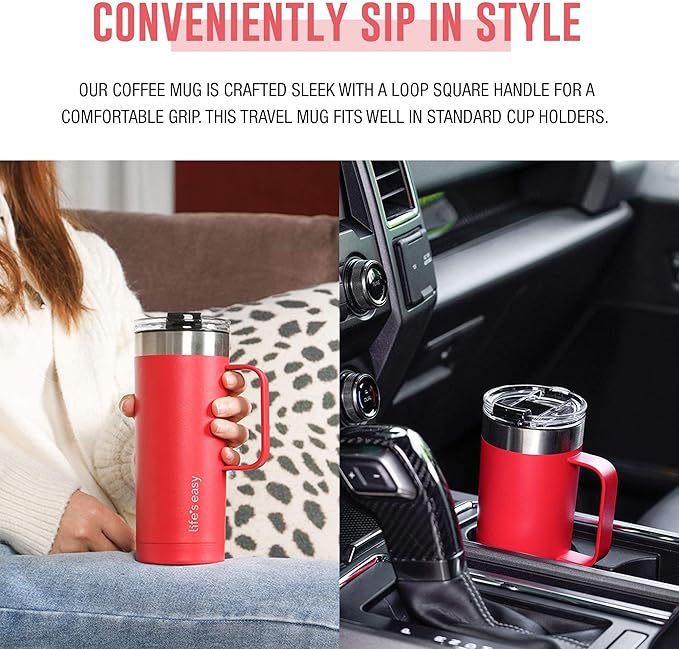 Life's Easy 20oz Stainless Steel Mug w/Handle - Double Wall Insulated Travel Tumbler w/Flip Lid - Leak Proof Tumbler-Thermal Cup for Coffee, Tea & More - Keep Hot & Cold Drinks (Red, 20 oz)