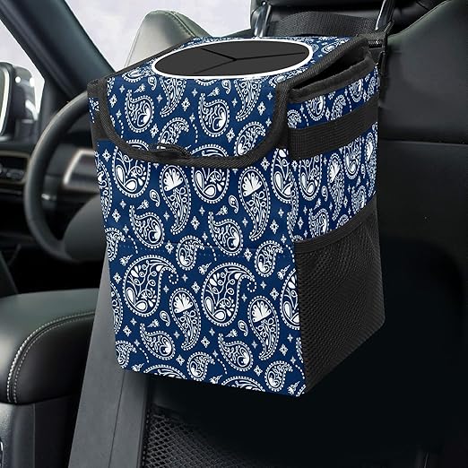 Car Trash Can Vintage Indian Paisley Navy Blue Auto Garbage Bag Car Trash Can with Lid Leak-Proof Car Storage Bag Garbage can Hanging for Headrest Collapsible and Portable with Storage Mesh Pocket