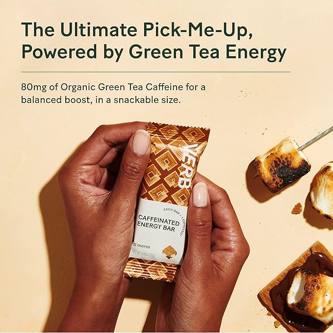 Verb Caffeinated Energy Bars S'mores (26g, Pack of 16) 110-Calorie Delicious Low Sugar Energy Bar - Vegan Gluten Free On-the Go Snack with 80mg Green Tea Caffeine, Only Real-Food Ingredients