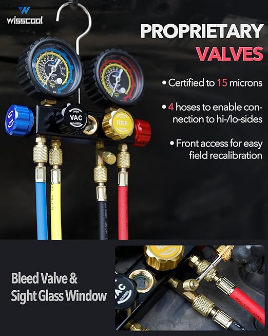 4.5cfm AC Vacuum Pump 4 Way Gauge Set, 110V 1/3 hp HVAC Air Vacuum Pump Manifold Gauge Kit with 4 Hoses Adapters Accessories Carry Bag for R410a R134a R22 Refrigeration Recharging