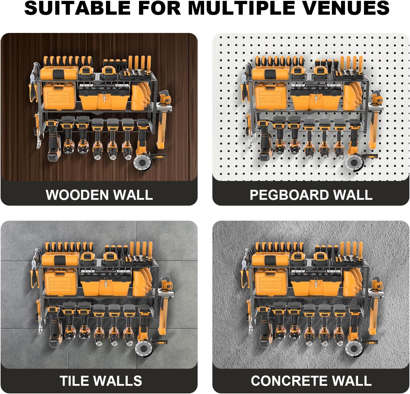 Large Power Tool Organizer Wall Mount, Power Tool Shelf System Battery Storage with 8 Cordless Drill Holder，3 Layers Heavy Duty Metal Loads 450lbs，Utility Racks for Garage Workshop