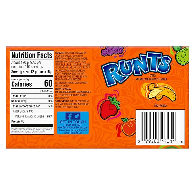 Wonka Runts Hard, Chewy & Fruity Candy, 5 Ounce Theater Candy Boxes (Pack of 12)