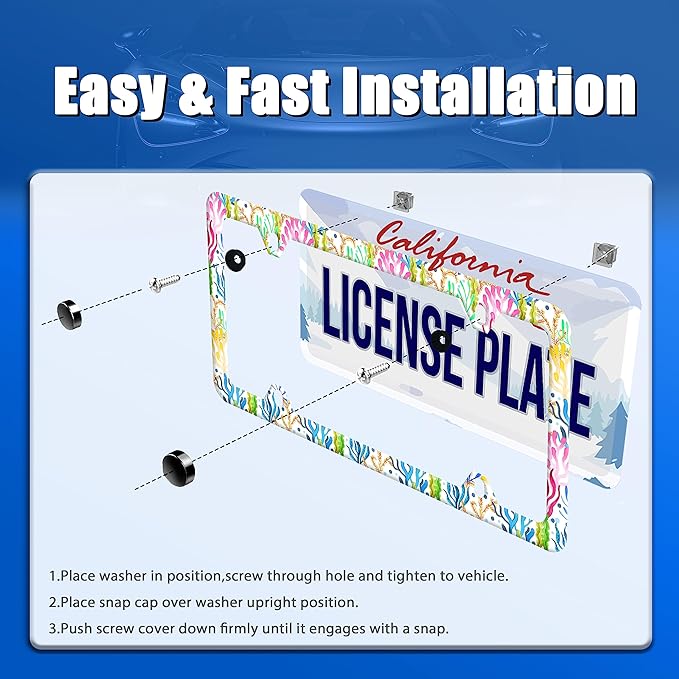 Colorful Corals Flag License Plate Frame License Plate Stainless Steel Auto Parts Funny License Plate Decorative with Screws Size 12.3" x 6.3" for Men Women