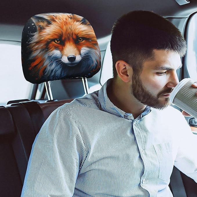 Dujiea 2 Pack Fox Watercolor Animal Car Headrest Covers, Universal Soft Car Seat Head Rest Cover Protector, Vehicle Accessories Fabric Headrest Cover for Cars Vans Trucks