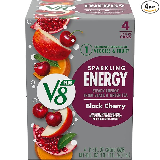 V8 SPARKLING +ENERGY Black Cherry Energy Drink, 11.5 fl oz Can (Pack of 4)