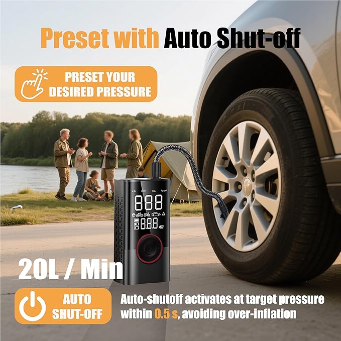 Tire Portable Air Compressor, Max 150PSI Cordless tire inflator with a digital pressure gauge, auto shut-off & LED light. Compact pump for car, bike, motorcycle, and ball