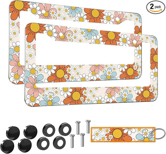 2pcs Colorful Dasiy Floral License Plate Frame for Women,Orange Floral car Decorative tag Frames Girly,Vintage Dasiy Flowers Plant Theme License Plate Cover Holder for Vehicle with car tag Keychain