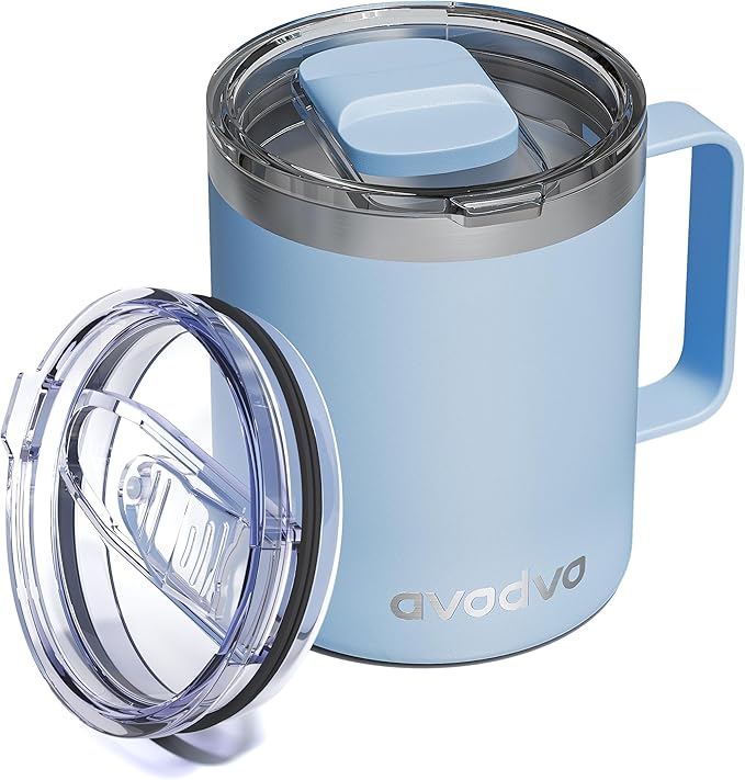 12oz Insulated Coffee Mug with Lid – Includes Two Lids, Stainless Steel Coffee Travel Mug with Handle, Double Wall Vacuum Insulated Camping Mug for Home, Office & Outdoor, Light Blue