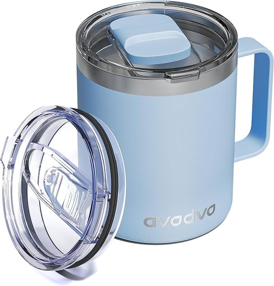 12oz Insulated Coffee Mug with Lid – Includes Two Lids, Stainless Steel Coffee Travel Mug with Handle, Double Wall Vacuum Insulated Camping Mug for Home, Office & Outdoor, Light Blue