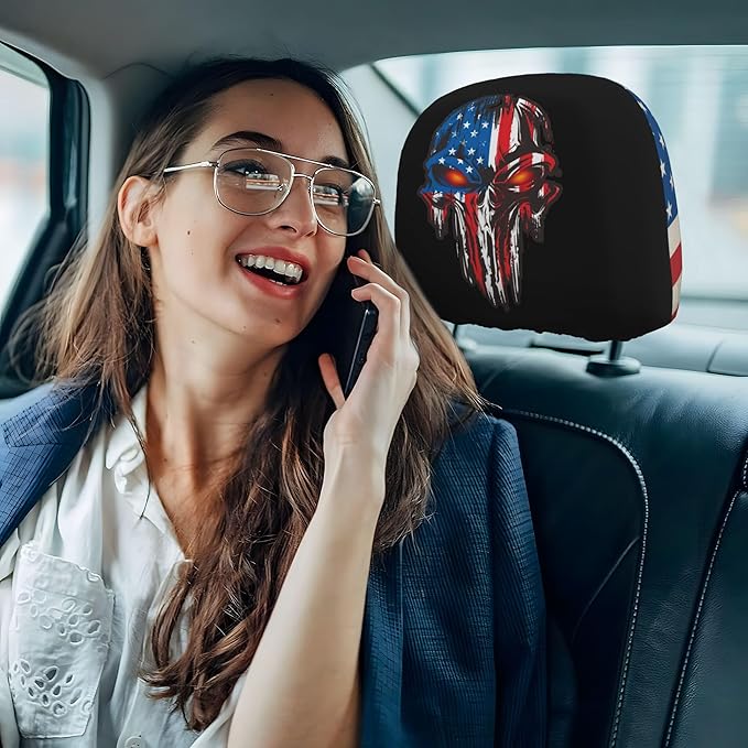 American Flag Skull Car Headrest Covers 2 Pack – Double-Sided Patriotic Skull & USA Flag Design – Universal Fit Stretch Seat Headrest Protector for Cars, SUVs, Trucks
