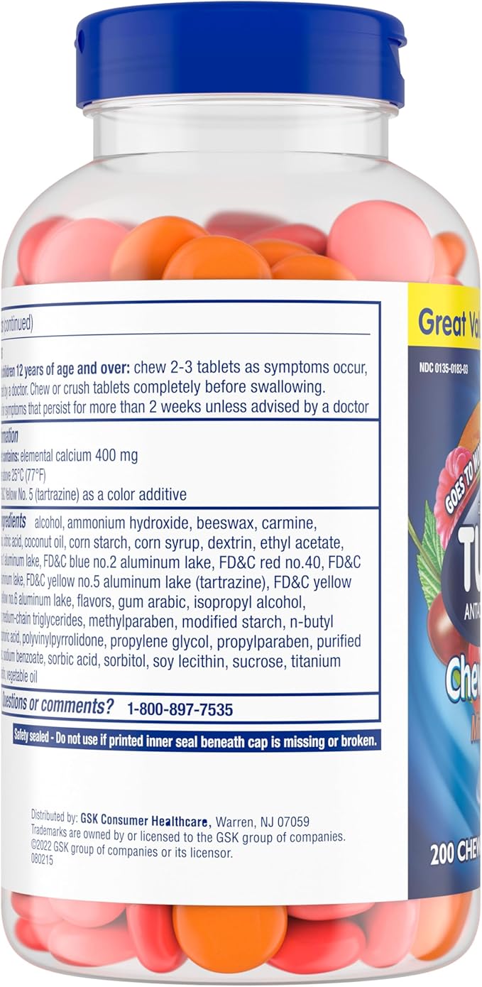TUMS Chewy Bites Chewable Antacid Tablets for Ultra Strength Heartburn Relief, Great for a Summer BBQ- Mixed Fruit - 200 Count