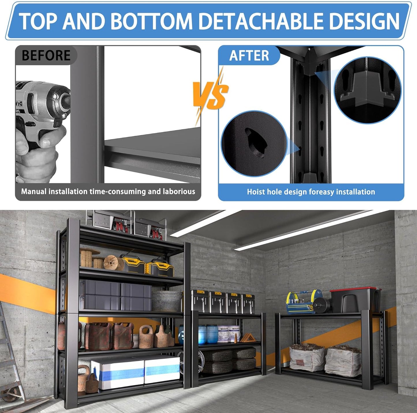 5-Tier Heavy Duty Garage Shelving Unit, 3000 LBS Capacity Metal Storage Rack 72" H x 48" W x 20" D, Adjustable Steel Shelves for Garage, Warehouse, Basement, Pantry, Workshop.1 Pack