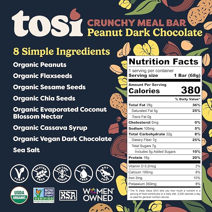 Tosi Peanut Dark Chocolate Meal Bars - 16g Plant Based Protein, Crunchy Nut & Seed Vegan Snack Bars, Gluten Free & Organic Healthy Snacks, Omega 3s, Flax & Chia Seeds, 2.4 oz, 12 Pack