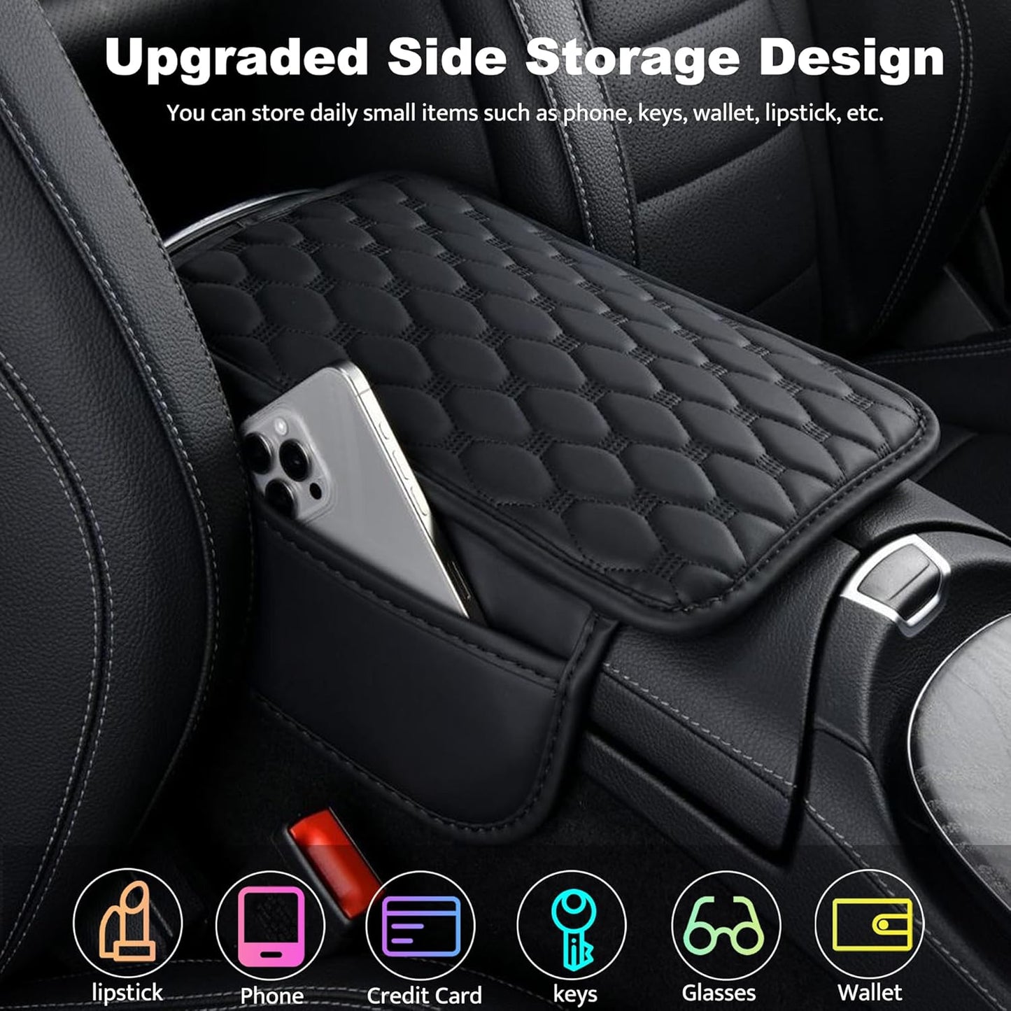 Car Center Console Cover, Leather Car Armrest Cover Cushion with 2 Storage Bags Universal Car Armrest Storage Box Pad Comfortable Car Decor Accessories Fit for Most Cars, Vehicles, SUVs (Black-2)