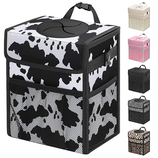 Capolo Car Trash Can with Lid, Leakproof Car Trash Bag Hanging Waterproof Automotive Garbage Can with Storage Pockets Mini Vehicle Trash Bin for Back/Front Seat(Cow Print,2.5 Gallon)