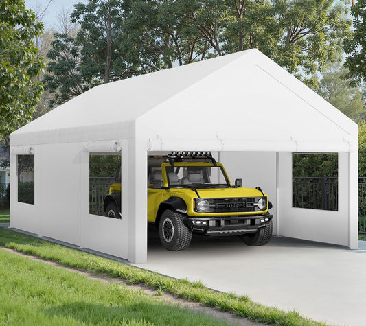 Walsunny Carport, 12x20ft Heavy Duty Carport Canopy with Roll-up Windows, Portable Garage with Removable Sidewalls & Doors, Car Canopy with All-Season Tarp for Car, Truck, Boat