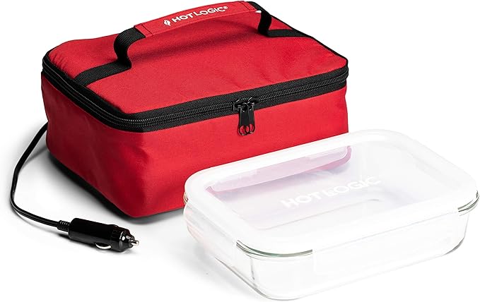 HOTLOGIC Mini Heated Lunch Box with Glass Container - Portable Electric Food Warmer for Men and Women - Great for Work, Office, and Construction - Cook, Reheat, and Eat on the Go - 12V - Red